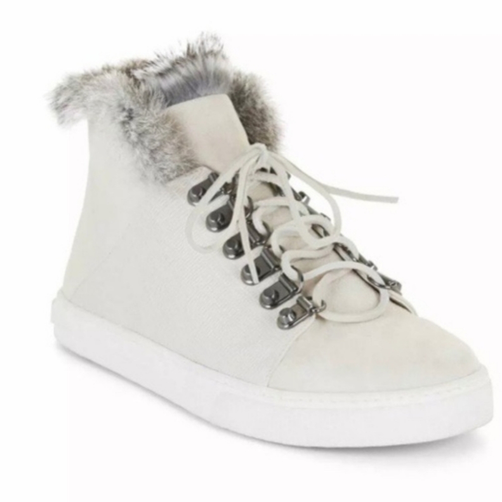 BCBGMAXAZRIA MA-DENIZ Real Rabbit Fur High Top Sneakers Lace up Leather/suede